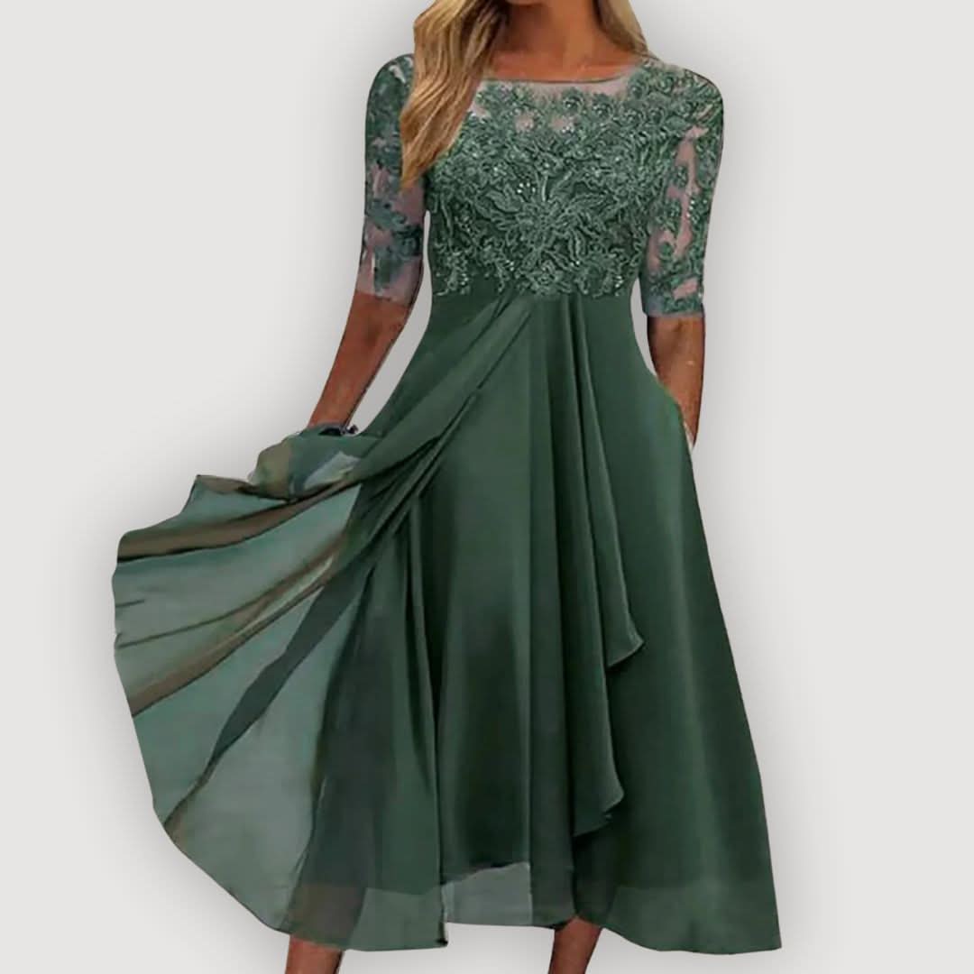 Catalina | Vestido de Gasa Fluida con Cuerpo de Encaje