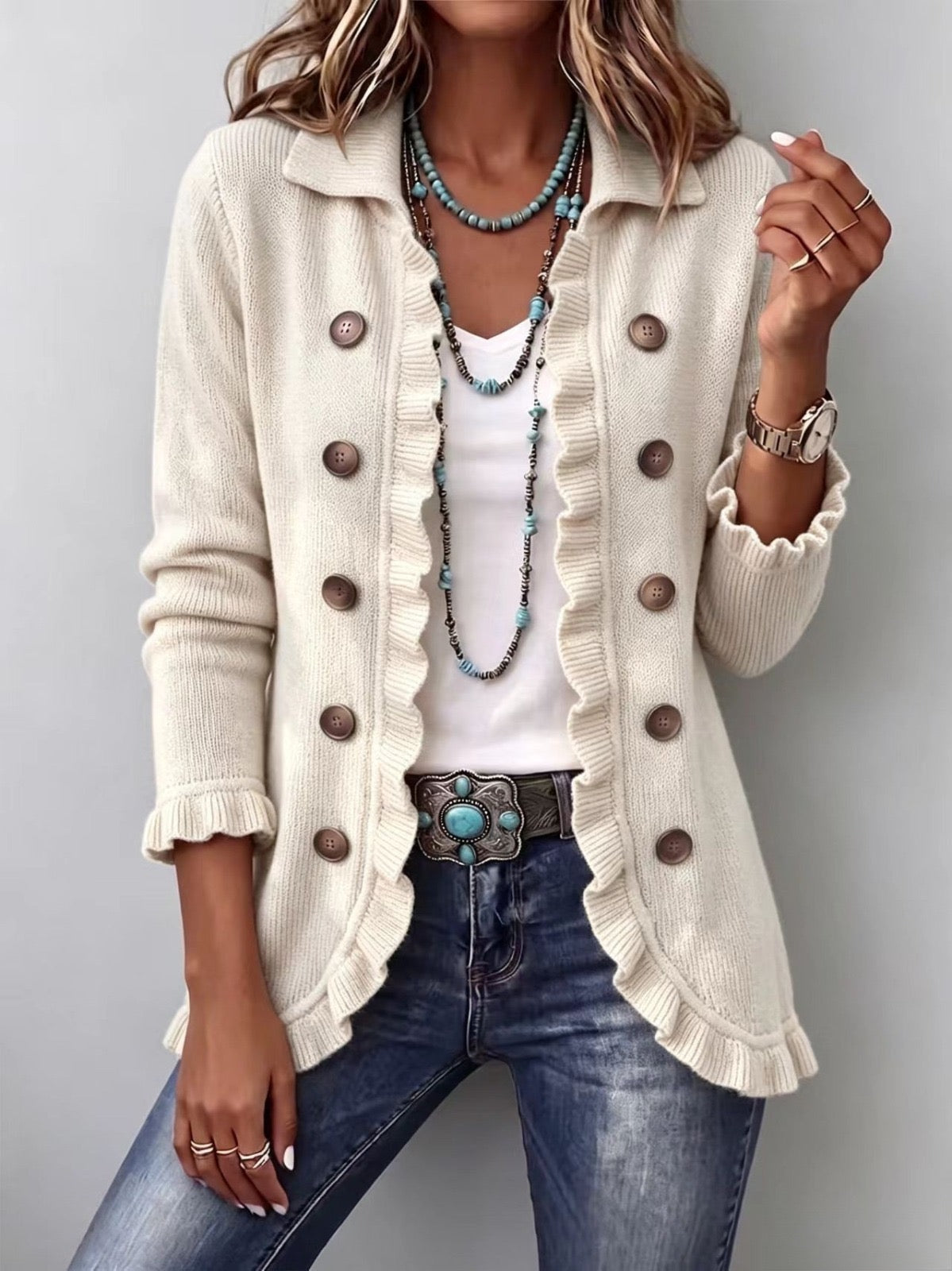 Casilda | Chaqueta de Punto Marfil con Volantes