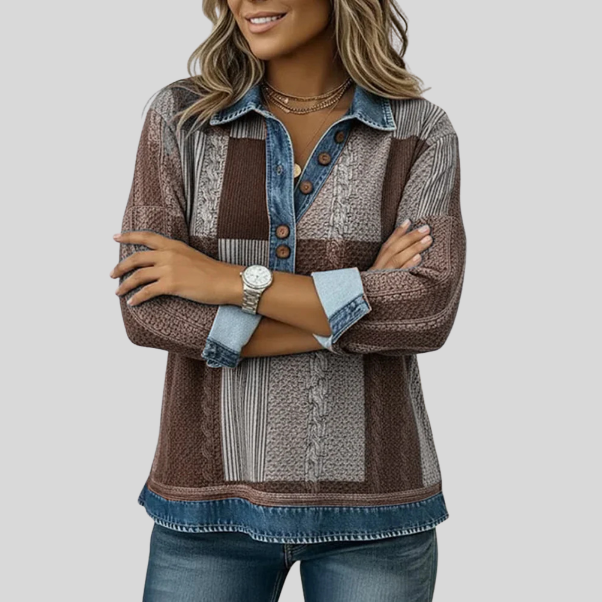 Carmina | Jersey Patchwork con Cuello Vaquero