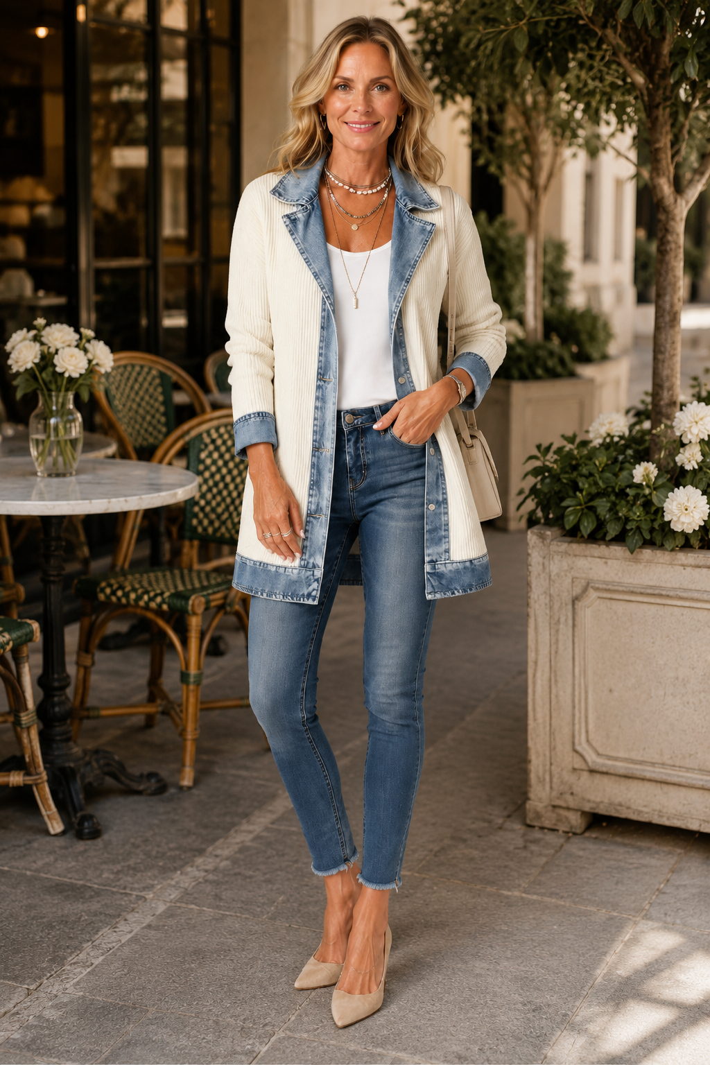 Mayte | Chaqueta Larga de Canalé con Detalles Vaqueros