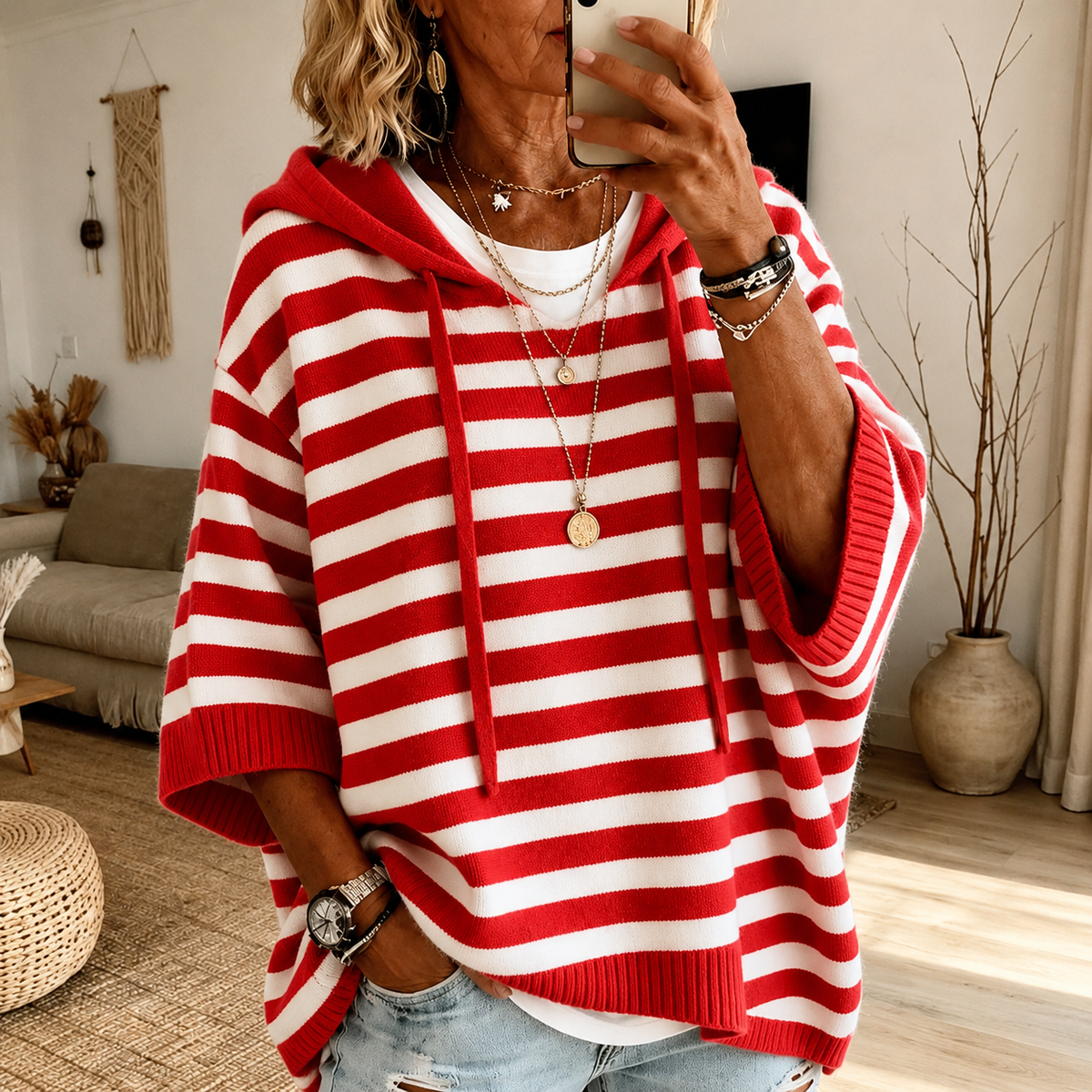 Concha | Jersey Poncho de Rayas Rojo