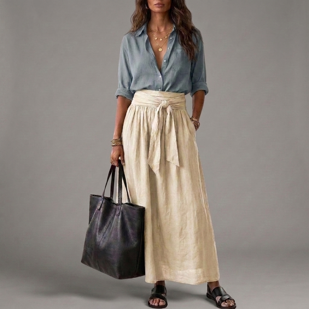 Sahara | Conjunto de Dos Piezas: Blusa Negra y Falda Midi Verde Oliva