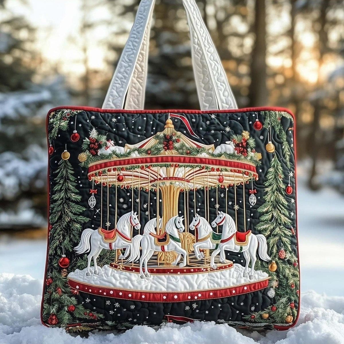 Bolso tote acolchado con caballos de carrusel navideño