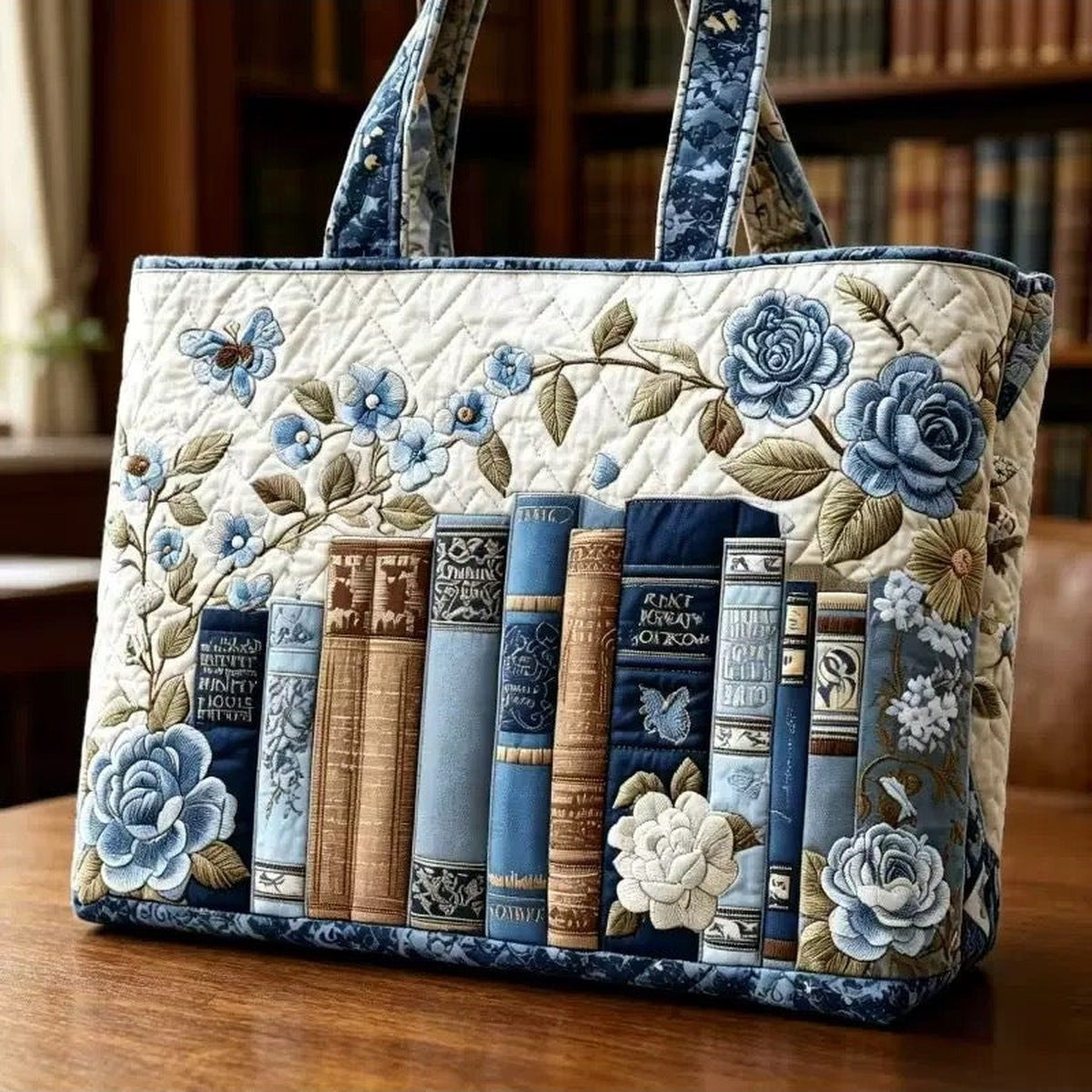 Bolso tote acolchado con libros azules y rosas