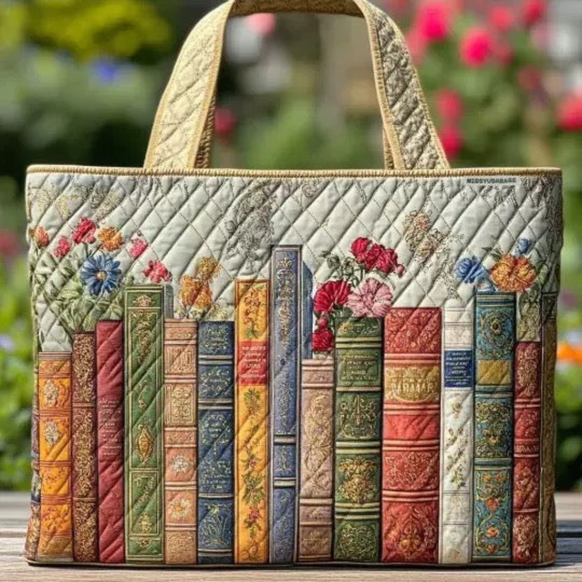 Bolso tote acolchado con libros y flores silvestres
