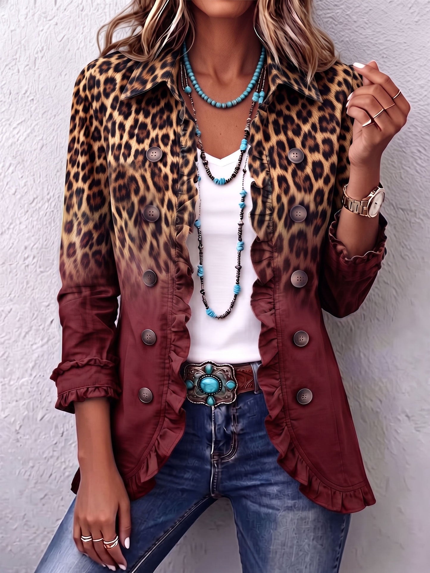 Bernarda | Chaqueta Blazer Leopardo Vino con Volantes