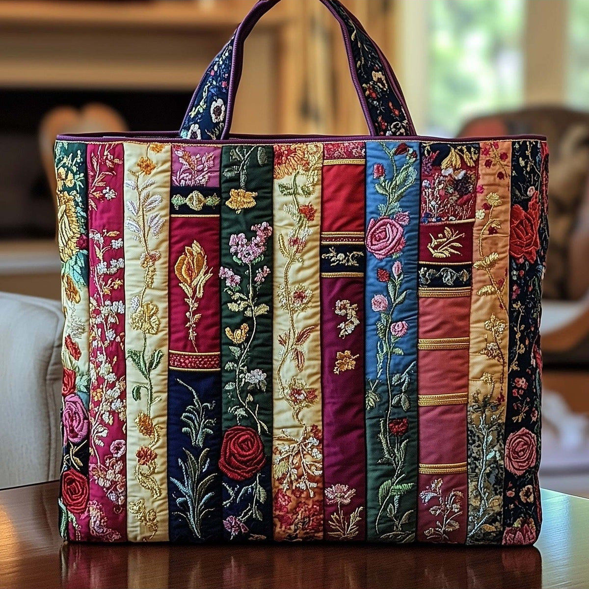 Bolso tote acolchado con libros y flores en burdeos