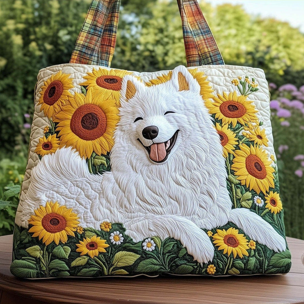 Bolso tote acolchado con samoyedo y girasoles