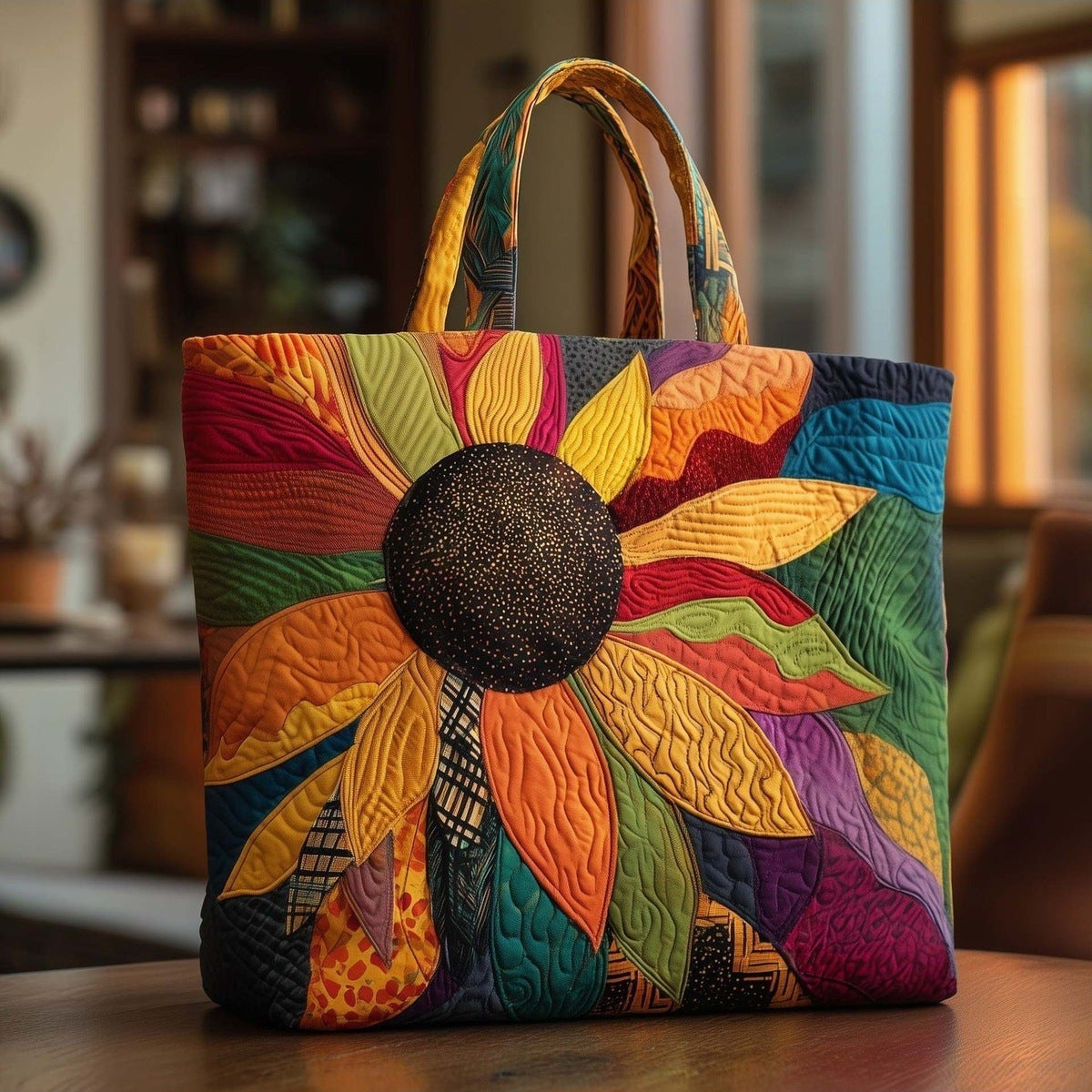 Bolso tote acolchado con girasoles patchwork