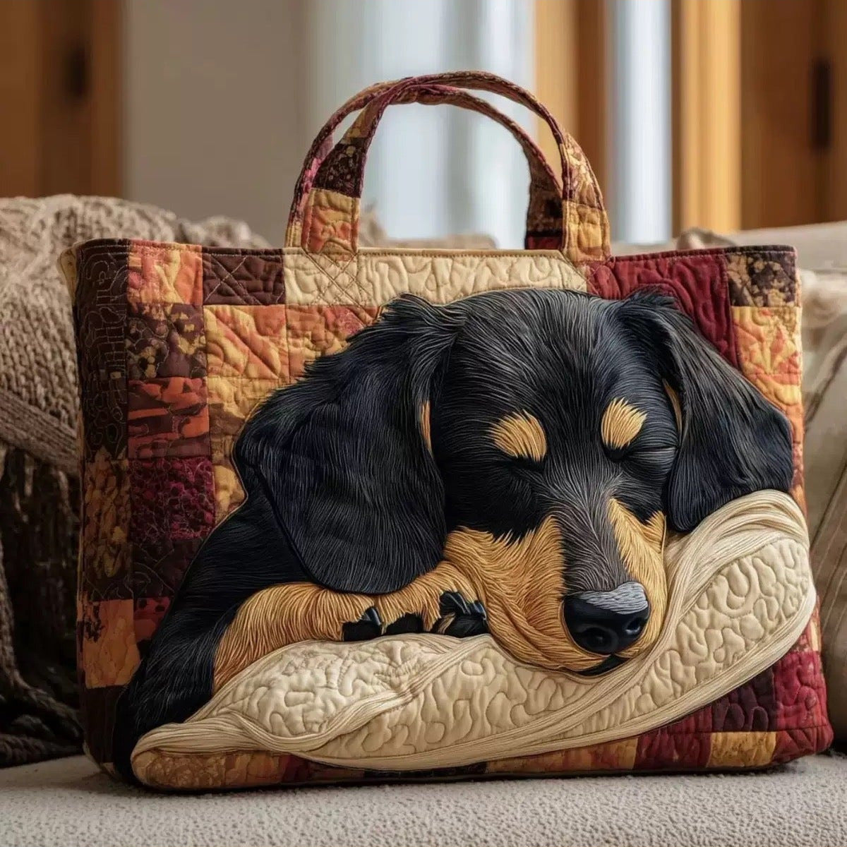 Bolso tote acolchado con teckel dormido