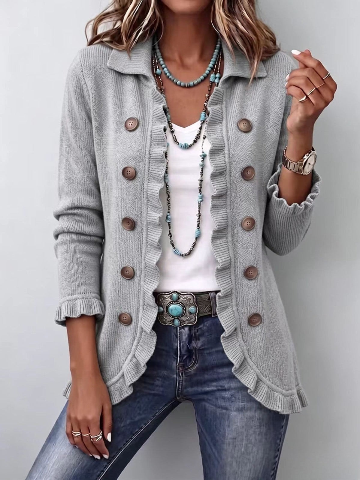 Obdulia | Chaqueta de Punto Gris Jaspeado con Volantes
