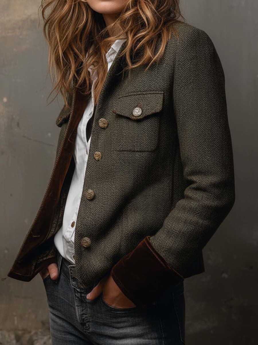 Olivia | Blazer Vintage de Espiga con Ribetes en Contraste