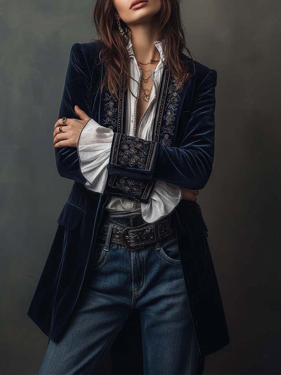 Adriana | Chaqueta Larga Bordada Vintage Azul Marino