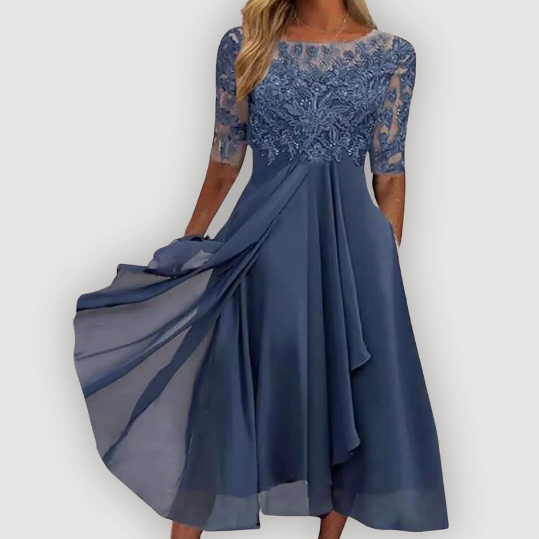 Catalina | Vestido de Gasa Fluida con Cuerpo de Encaje