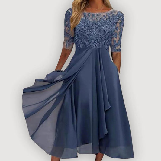 Catalina | Vestido de Gasa Fluida con Cuerpo de Encaje