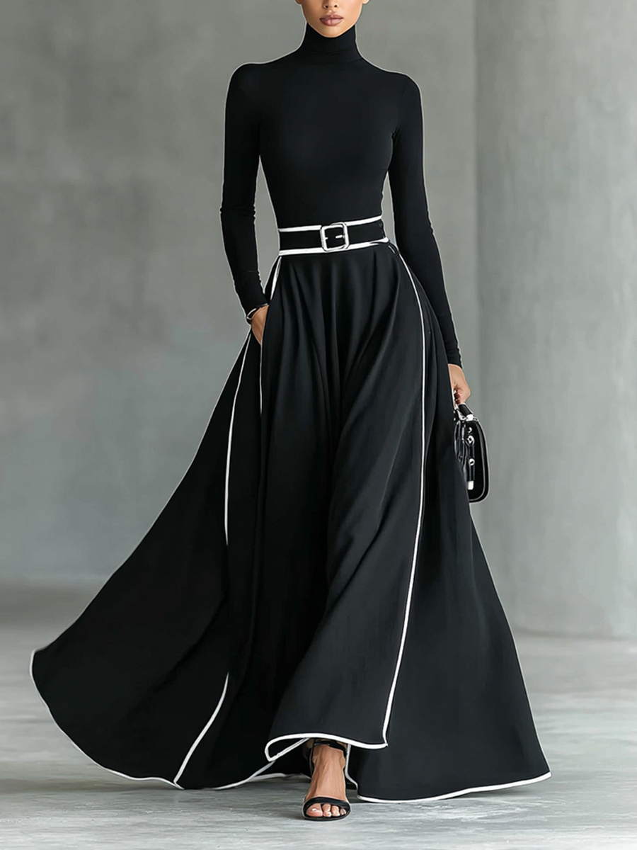 Francisca | Vestido Largo de Cuello Alto con Pespuntes Blancos