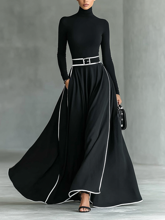 Francisca | Vestido Largo de Cuello Alto con Pespuntes Blancos