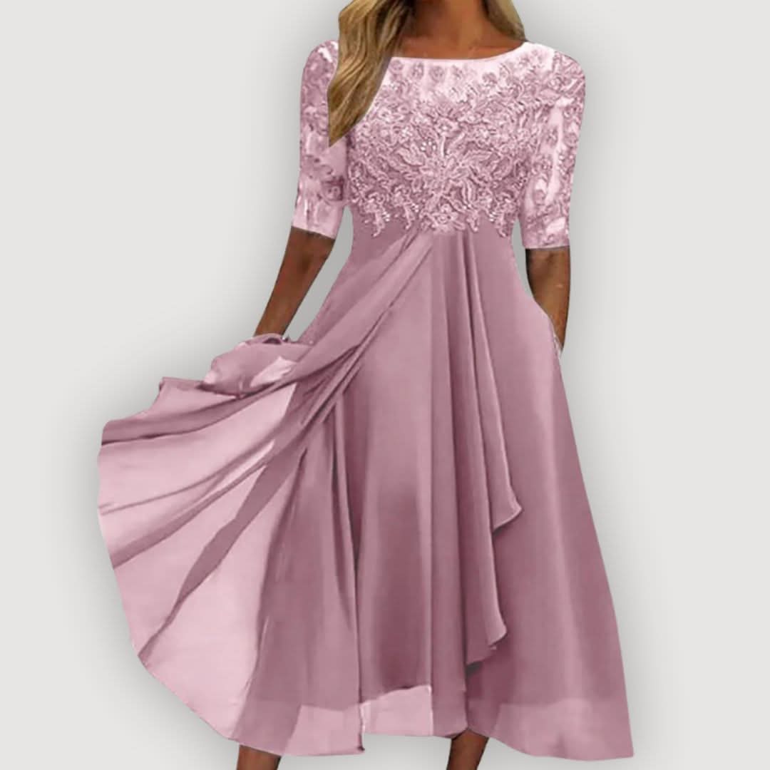 Catalina | Vestido de Gasa Fluida con Cuerpo de Encaje