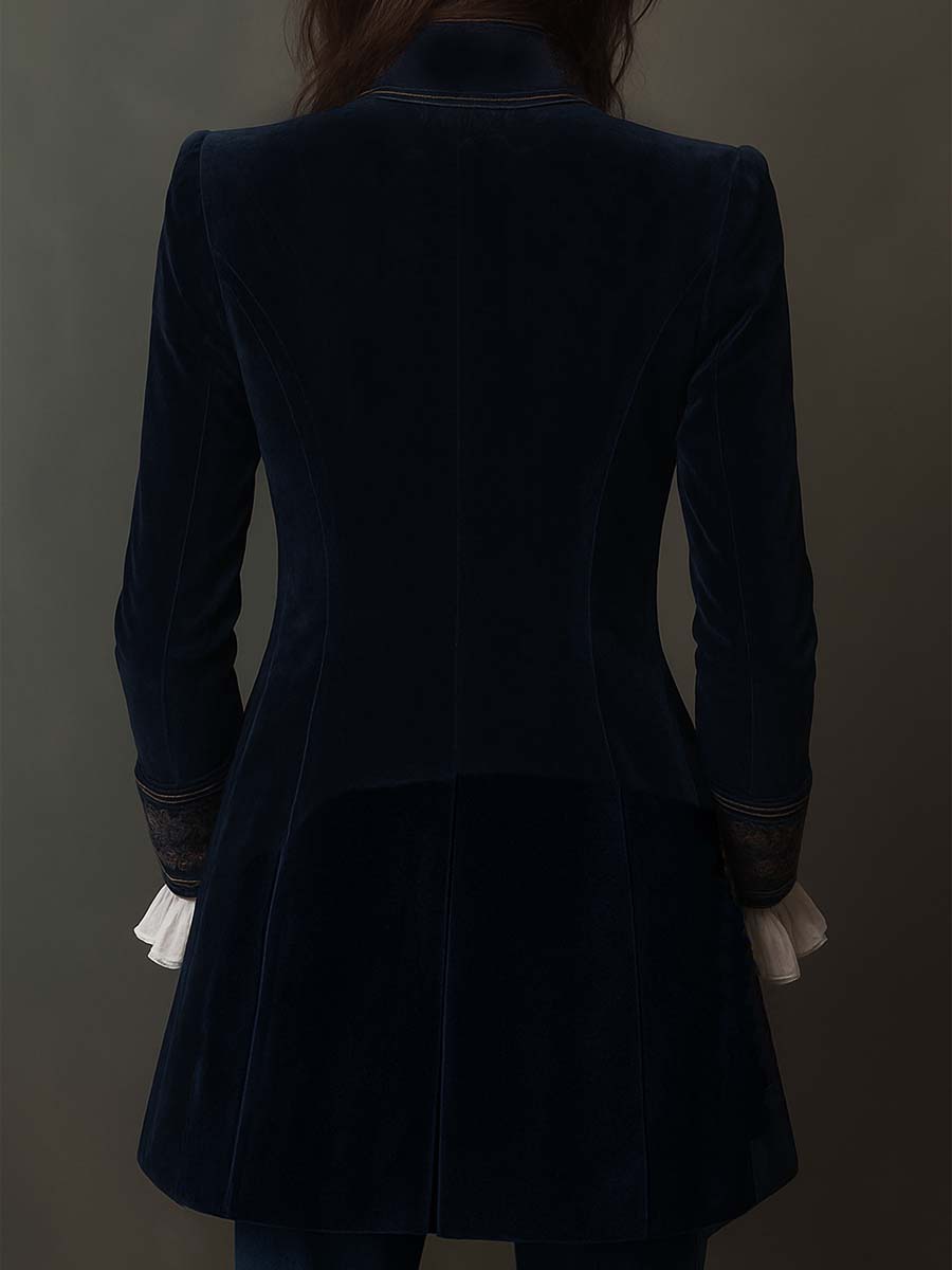 Adriana | Chaqueta Larga Bordada Vintage Azul Marino