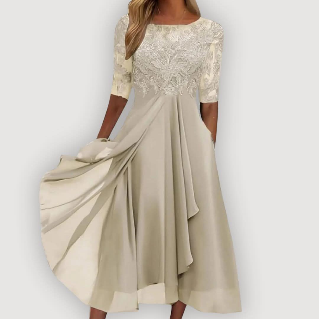 Catalina | Vestido de Gasa Fluida con Cuerpo de Encaje