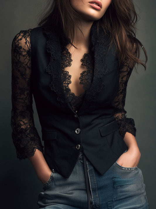 Consuelo | Blazer Negro con Mangas Semitransparentes