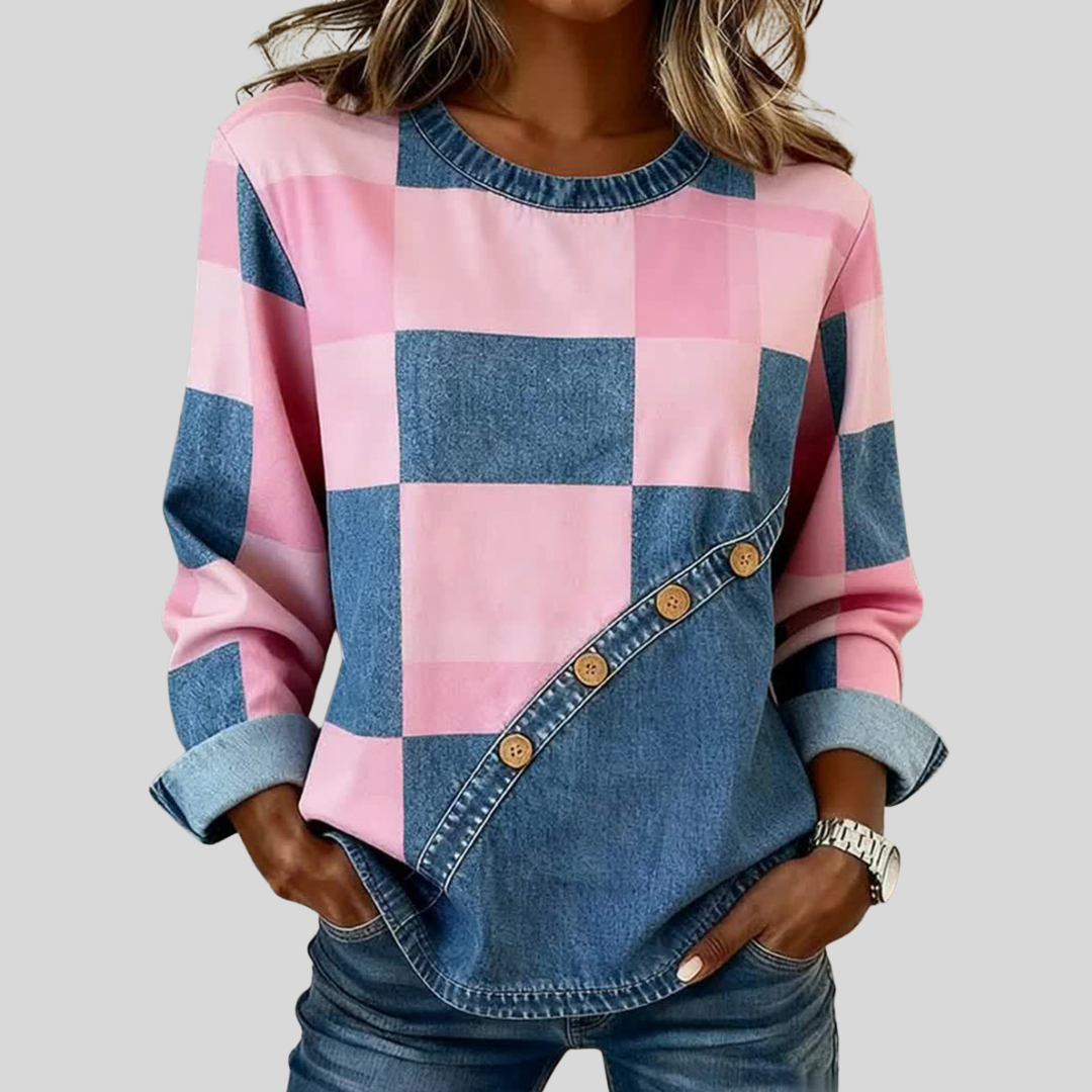Auxi | Sudadera Patchwork Rosa y Vaquero con Botones