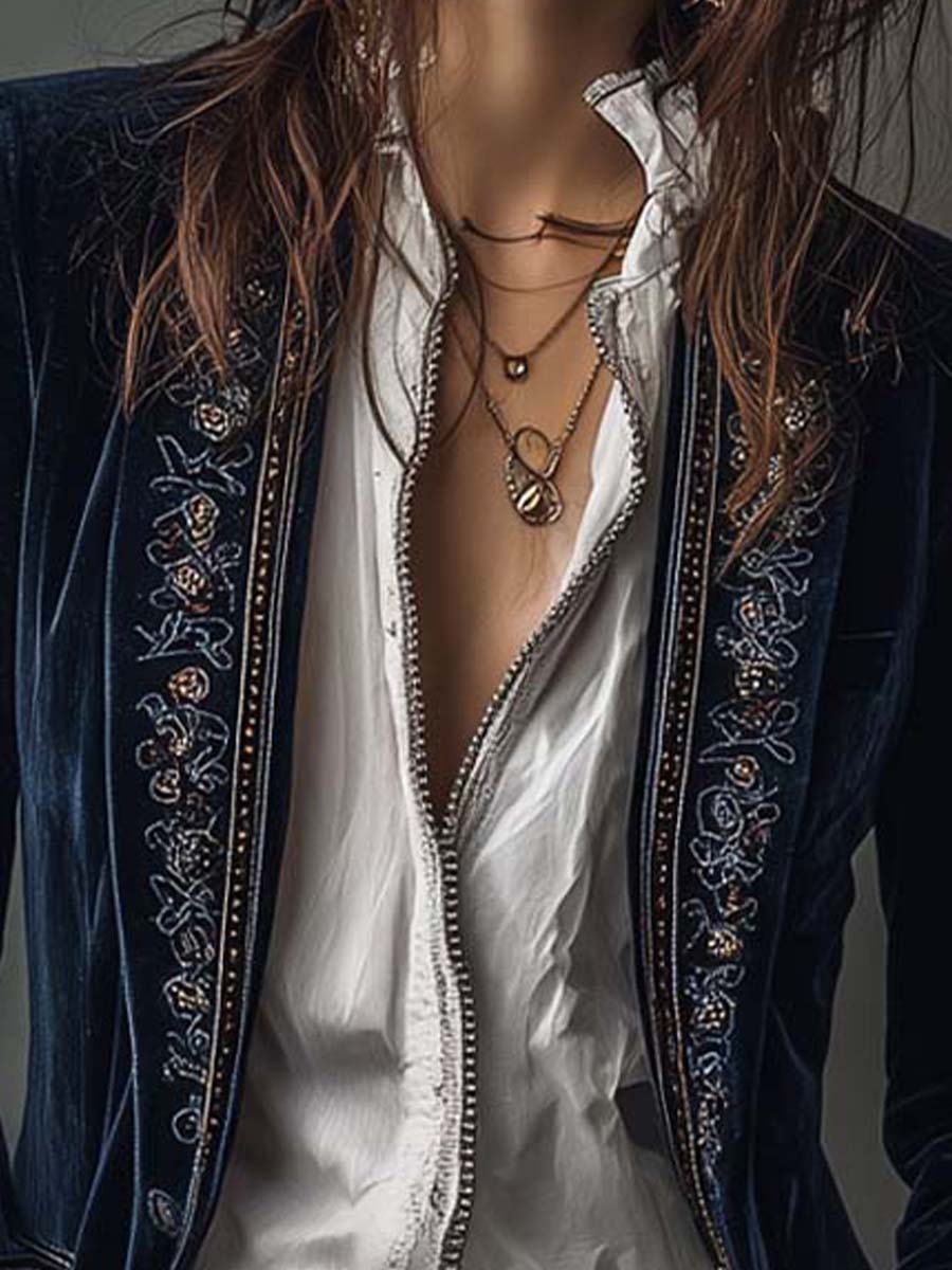 Adriana | Chaqueta Larga Bordada Vintage Azul Marino