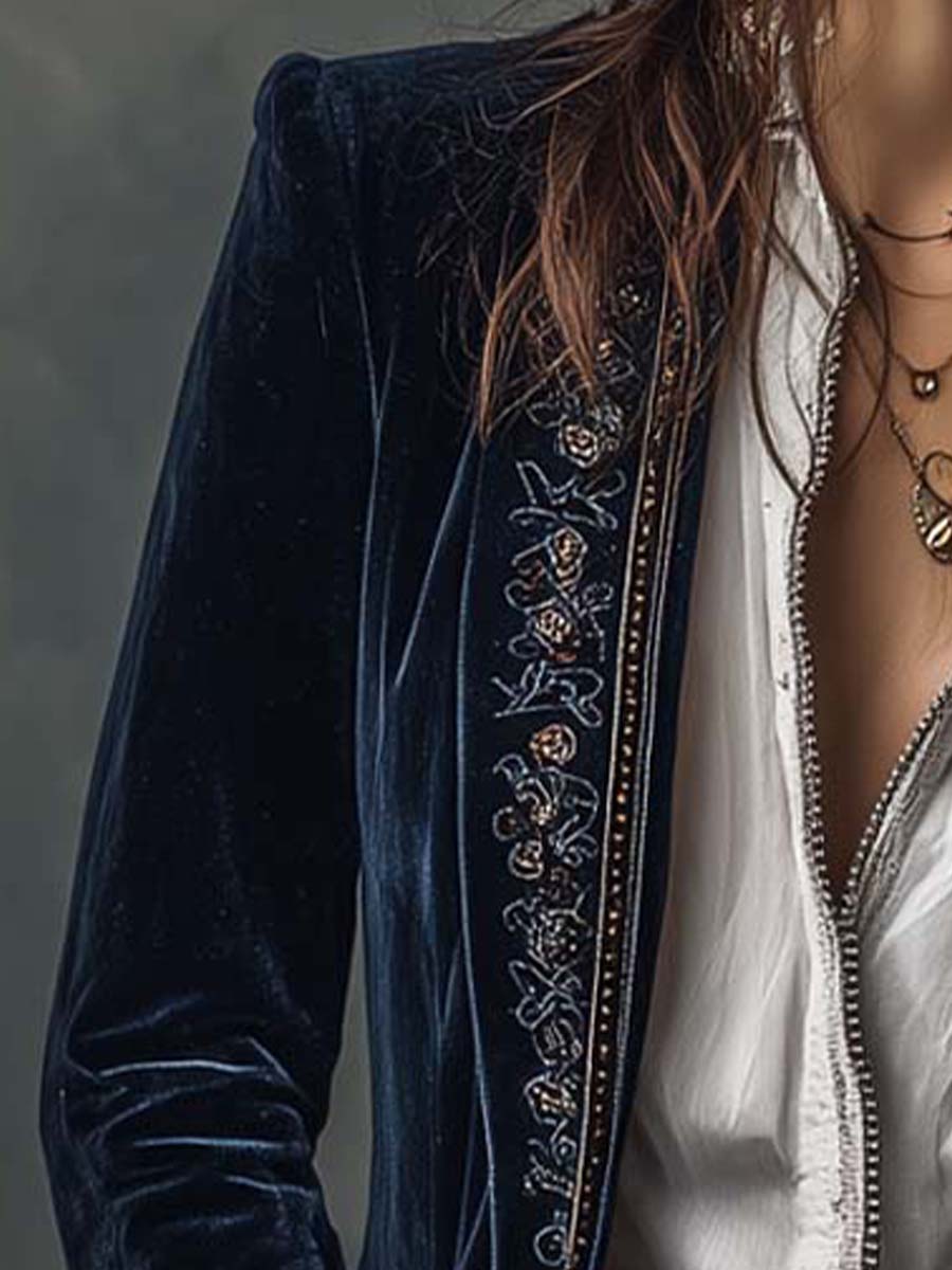 Adriana | Chaqueta Larga Bordada Vintage Azul Marino