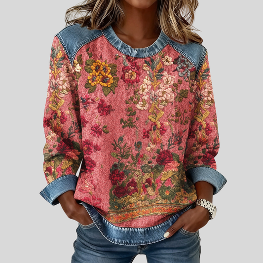 Merche | Jersey Floral Rosa con Detalles Vaqueros