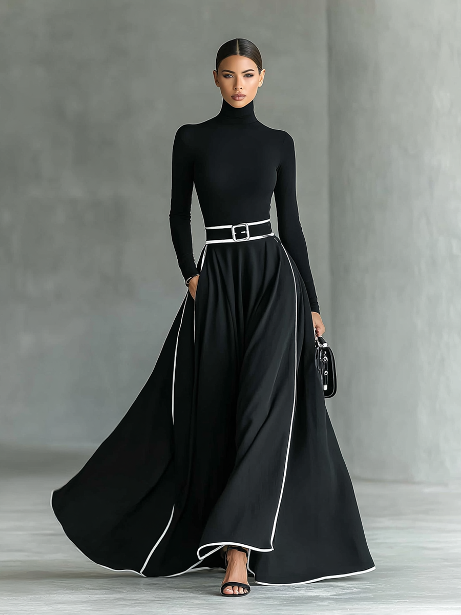 Francisca | Vestido Largo de Cuello Alto con Pespuntes Blancos