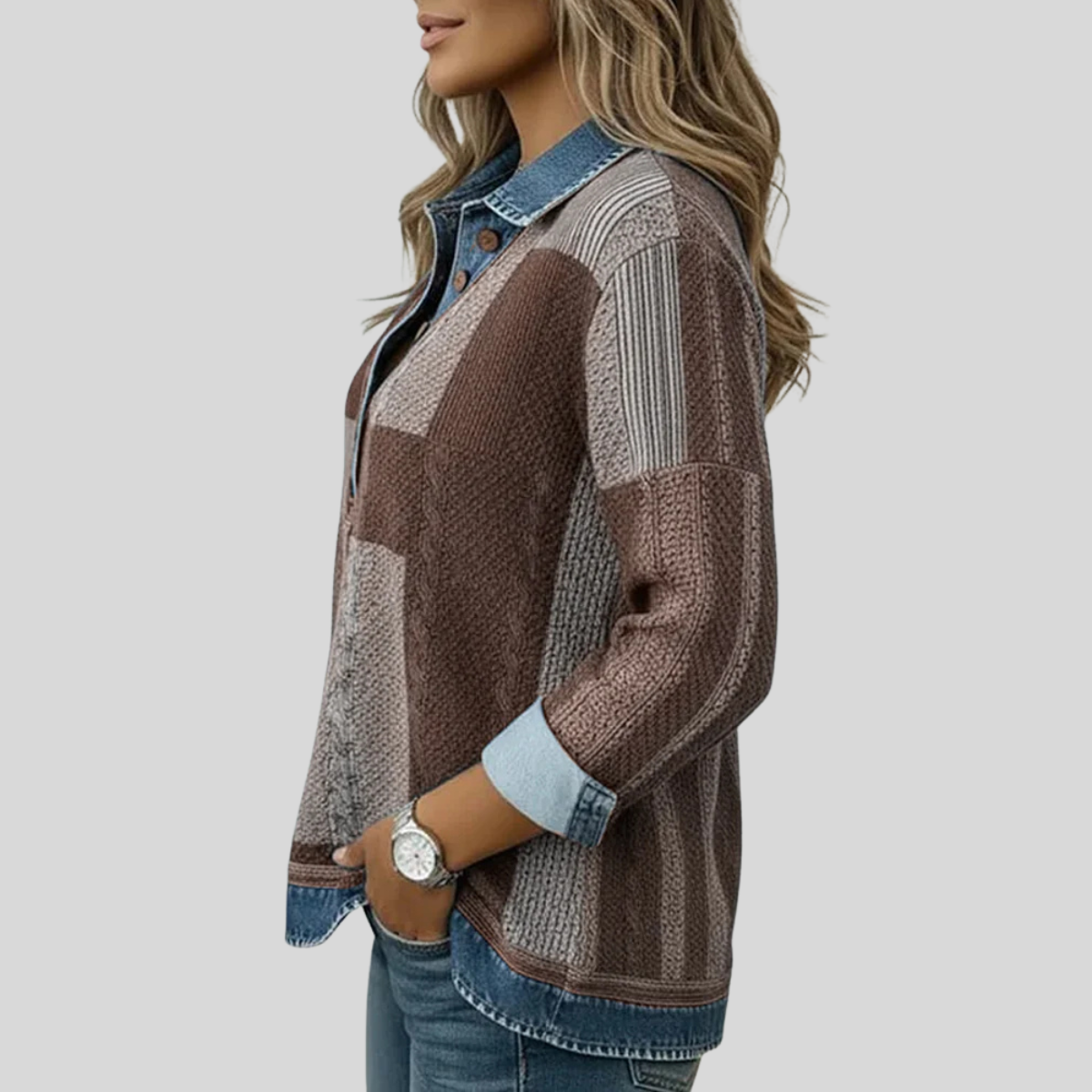 Carmina | Jersey Patchwork con Cuello Vaquero