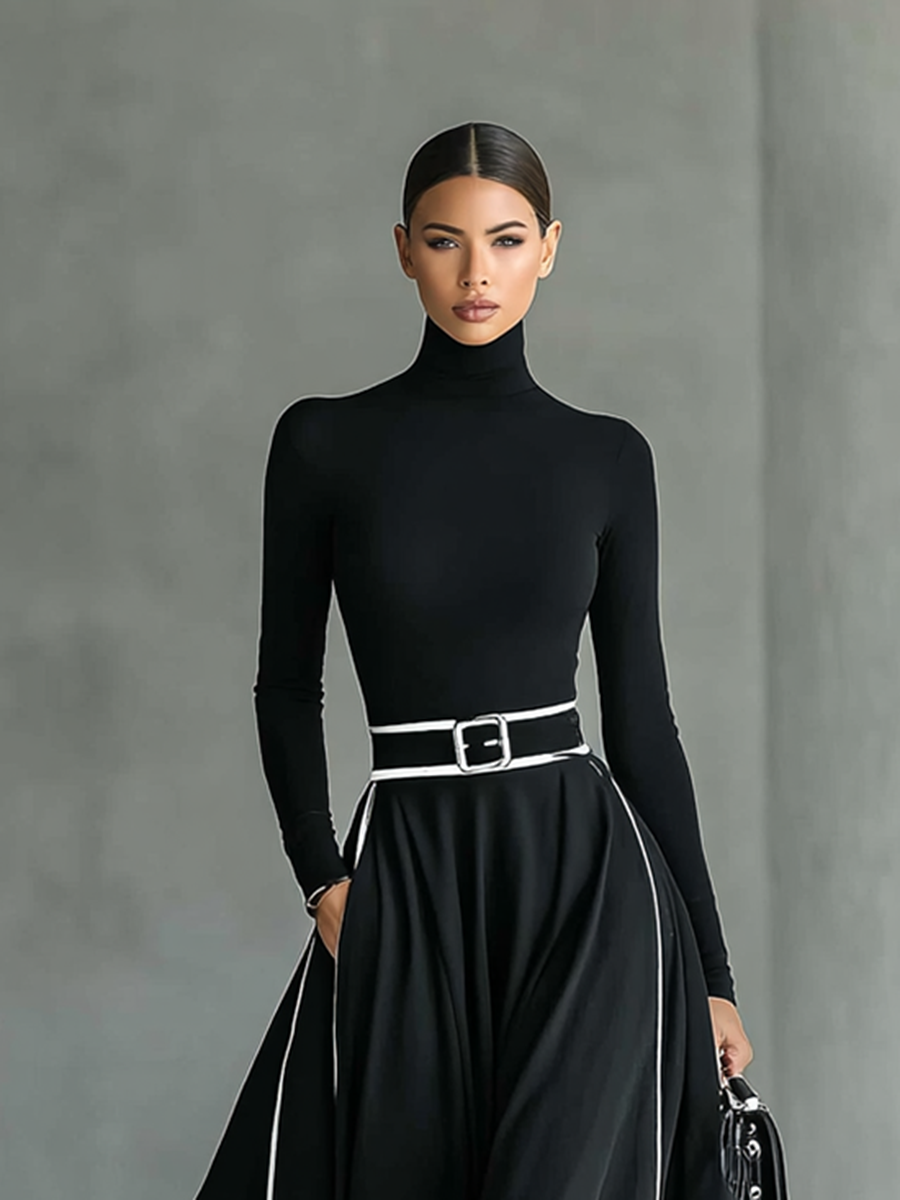 Francisca | Vestido Largo de Cuello Alto con Pespuntes Blancos
