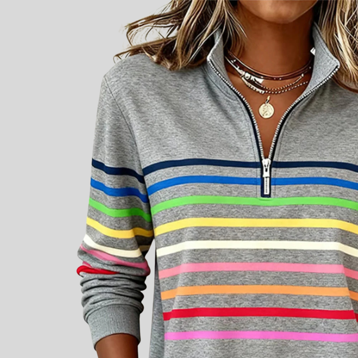 Mariví | Sudadera de Rayas Multicolor con Media Cremallera