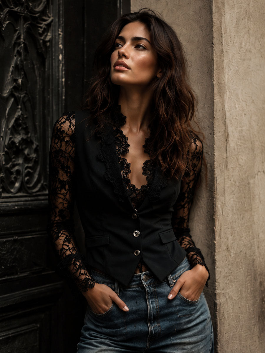 Noelia | Blazer Corto Negro con Mangas Semitransparentes