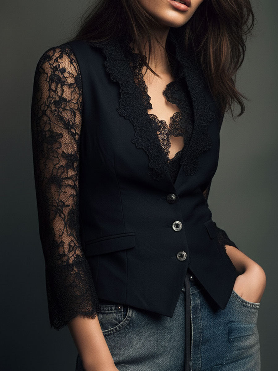 Noelia | Blazer Corto Negro con Mangas Semitransparentes