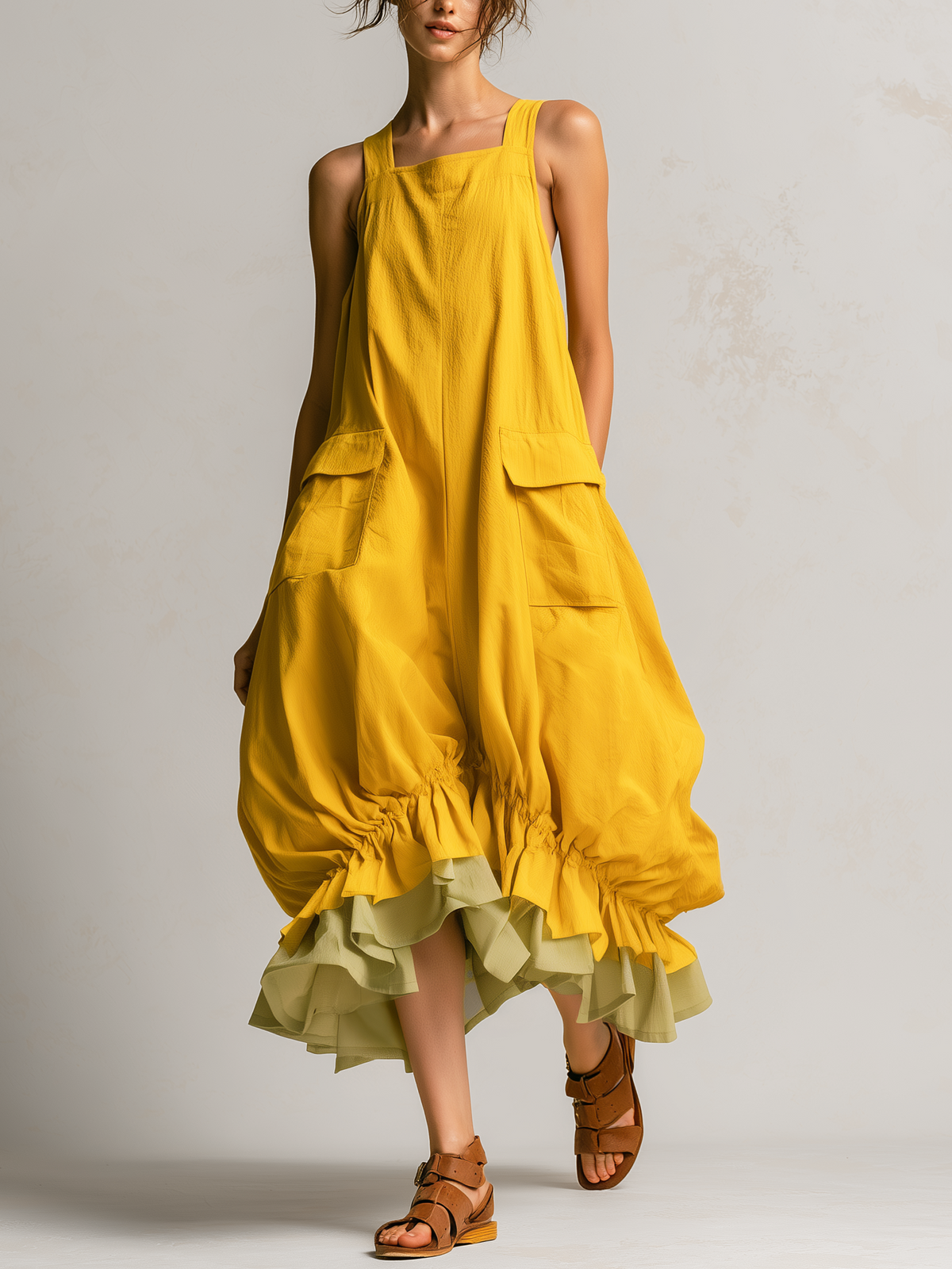 Manuela | Vestido Midi Burbuja con Bolsillos y Volante Escalonado