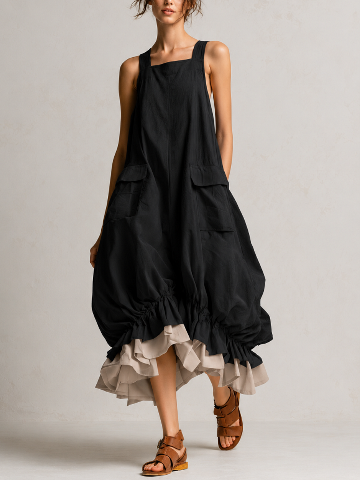 Manuela | Vestido Midi Burbuja con Bolsillos y Volante Escalonado