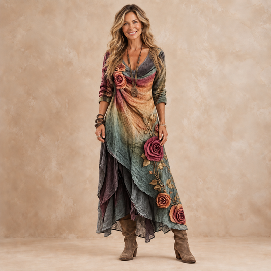 Almudena | Vestido Largo Boho por Capas con Rosas