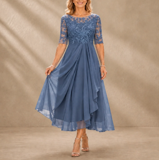 Catalina | Vestido de Gasa Fluida con Cuerpo de Encaje