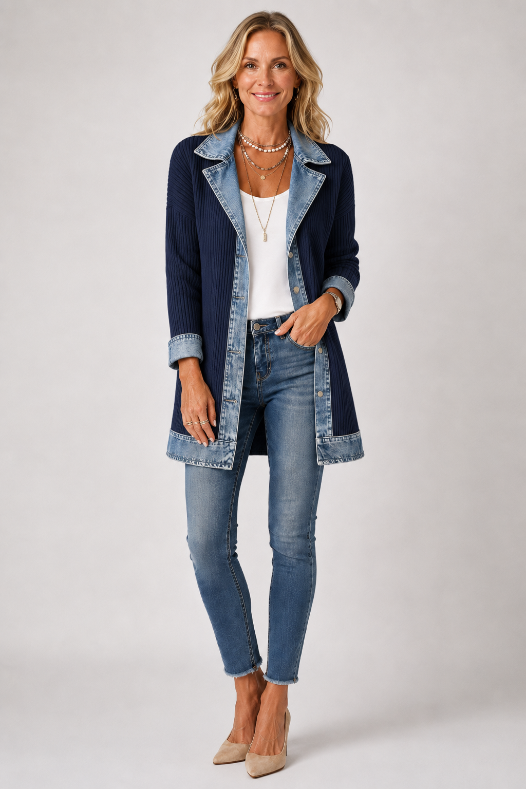 Mayte | Chaqueta Larga de Canalé con Detalles Vaqueros