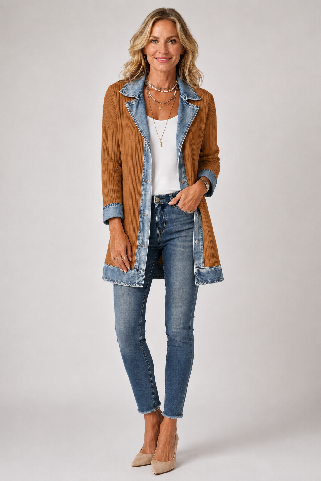 Mayte | Chaqueta Larga de Canalé con Detalles Vaqueros