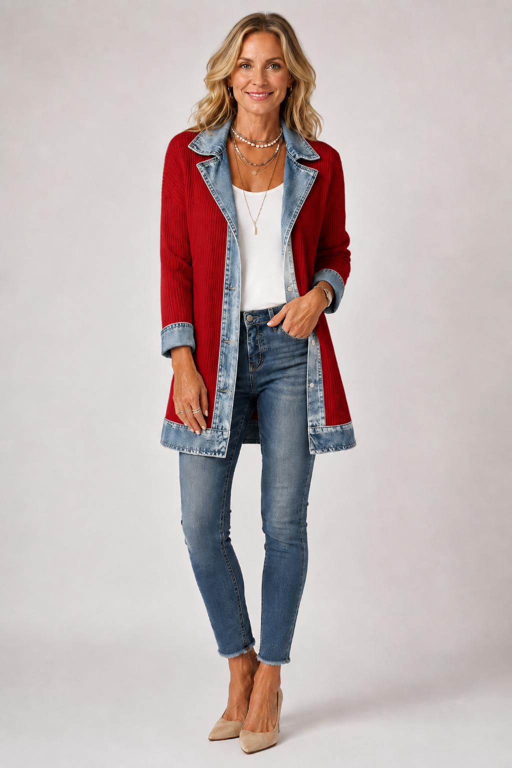 Mayte | Chaqueta Larga de Canalé con Detalles Vaqueros