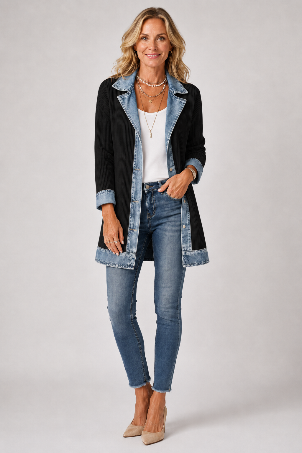 Mayte | Chaqueta Larga de Canalé con Detalles Vaqueros