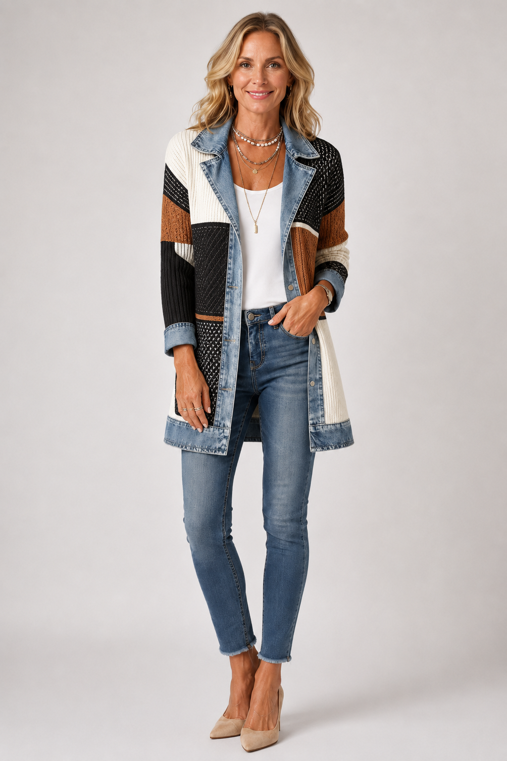 Mayte | Chaqueta Larga de Canalé con Detalles Vaqueros