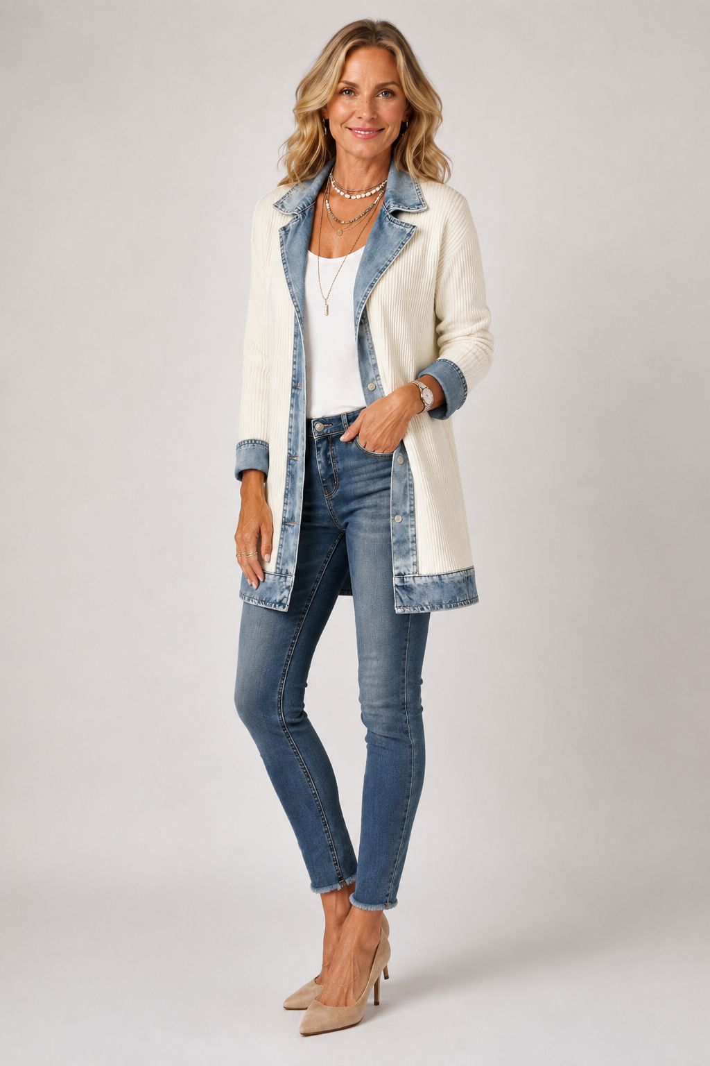 Mayte | Chaqueta Larga de Canalé con Detalles Vaqueros
