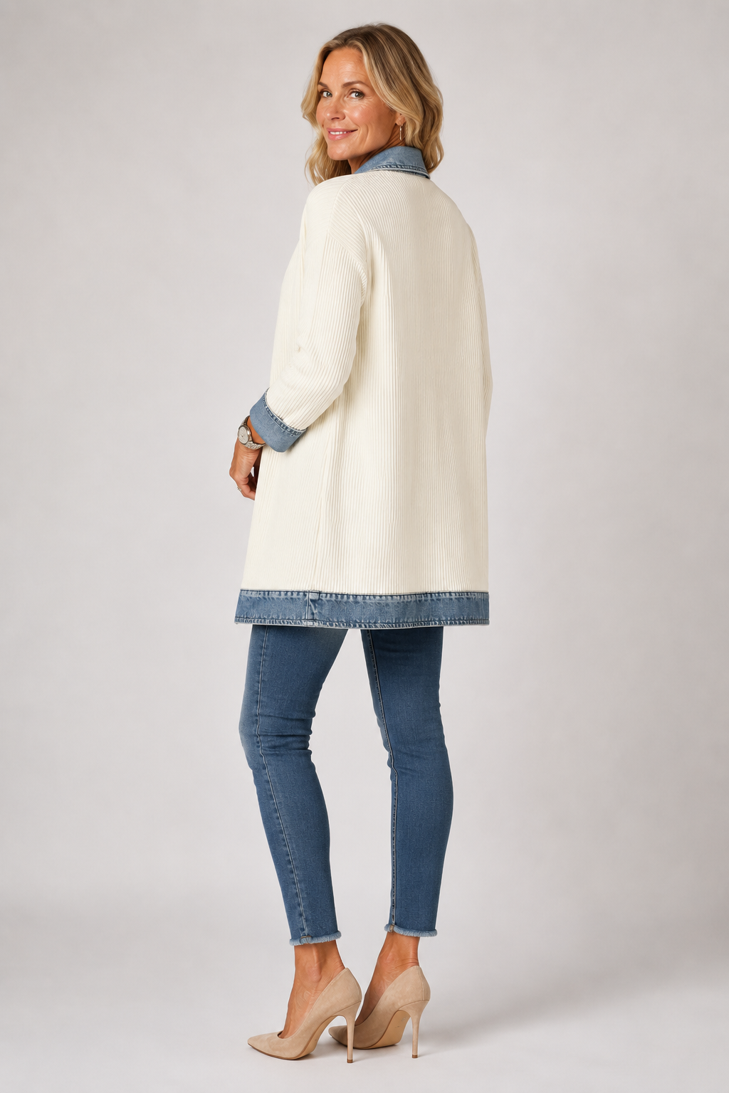 Mayte | Chaqueta Larga de Canalé con Detalles Vaqueros