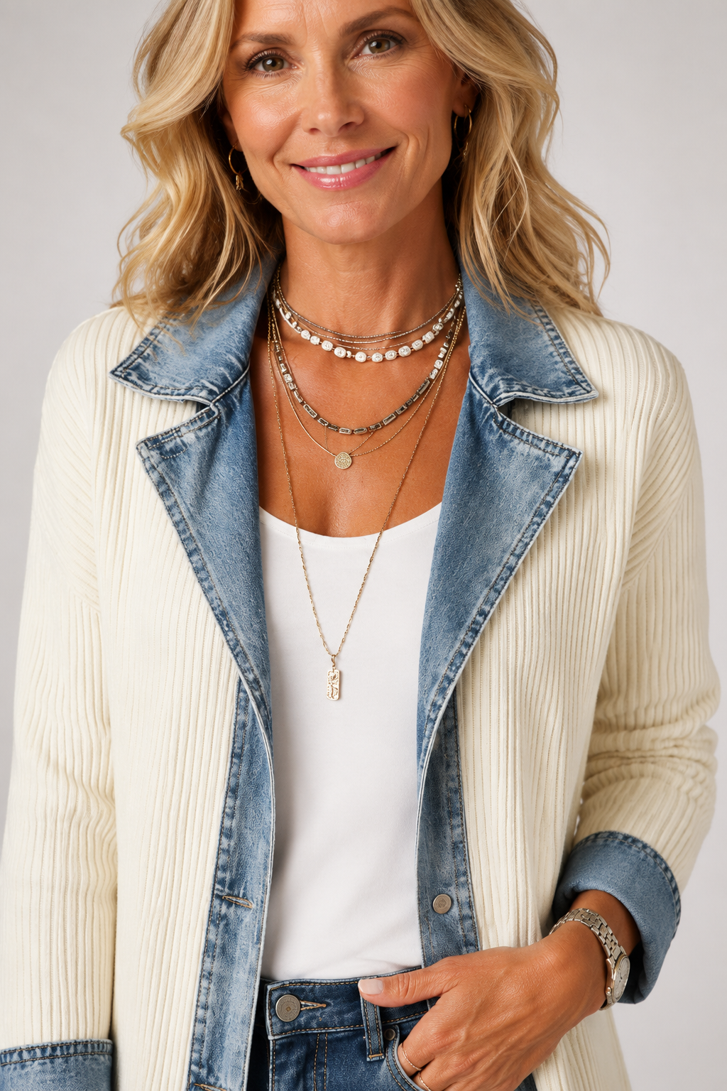Mayte | Chaqueta Larga de Canalé con Detalles Vaqueros