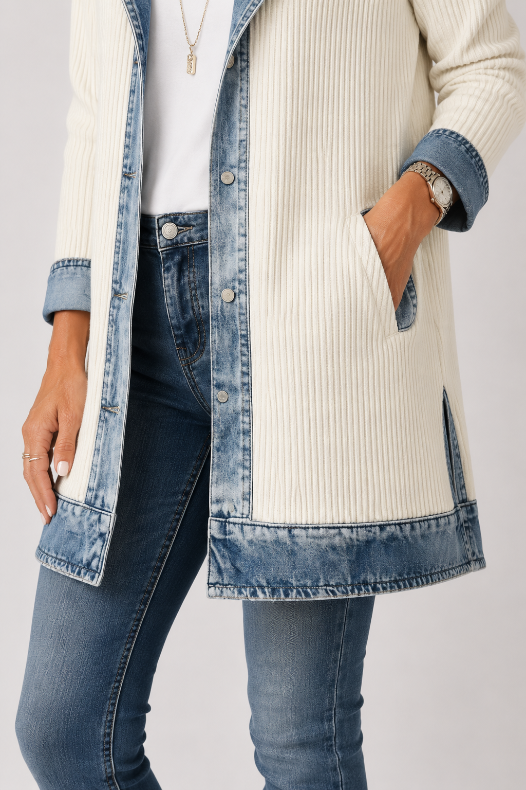Mayte | Chaqueta Larga de Canalé con Detalles Vaqueros