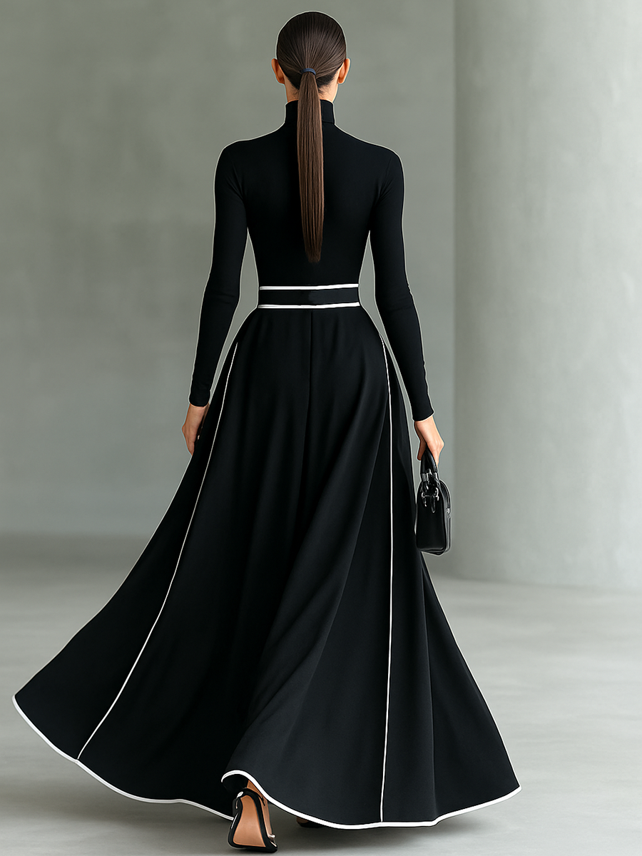 Francisca | Vestido Largo de Cuello Alto con Pespuntes Blancos
