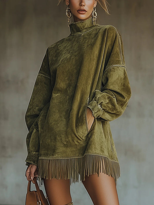 Mari Cruz | Vestido de Cuello Alto con Bajo de Flecos
